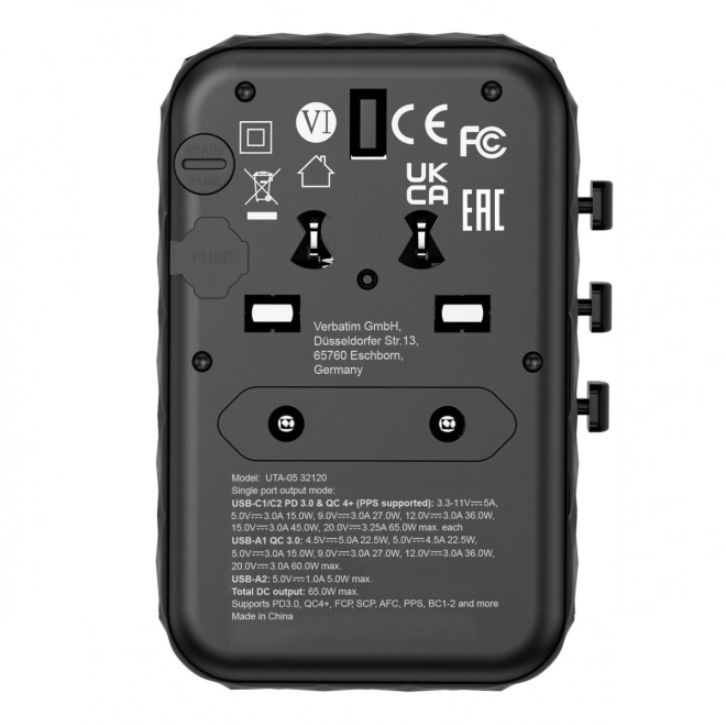 Cestovní adaptér UTA-05 32120 GaN 65W 180 country charger, 2x USB-C, 2x USB-A, PD 65W, QC 4+