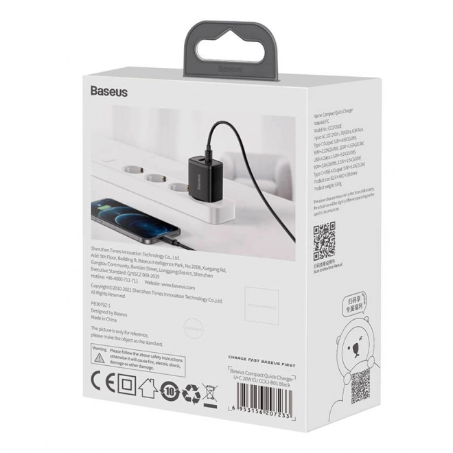 Kompaktní rychlonabíječka Baseus, USB, USB-C, 20W (černá)