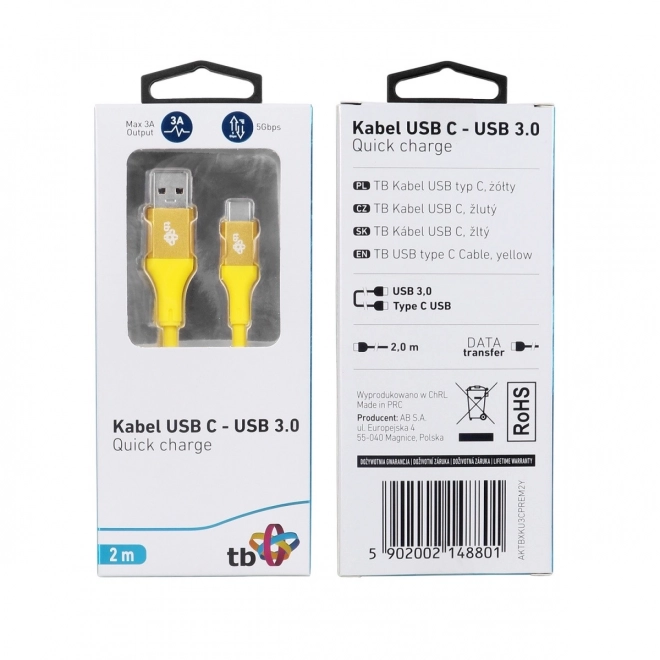 Kabel USB 3.0 - USB C 2m PREMIUM 3A žlutý TPE