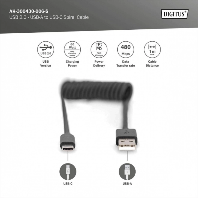 Spirálový kabel USB A/USB C, USB 2.0, PD 60W, max. 1m Černá