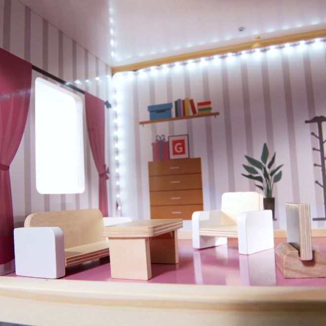 Dřevěný domeček pro panenky s nábytkem a LED osvětlením - 78 cm