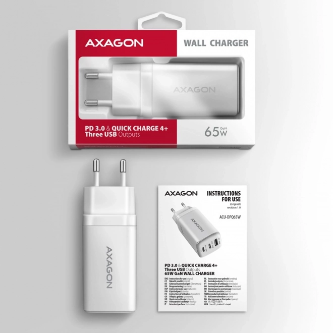 ACU-DPQ65W GaN 65W síťová nabíječka, 3x port (USB-A + duální USB-C) PD3.0/QC4+/PPS/Apple, bílá