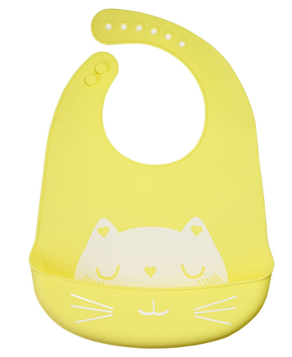 Dětský silikonový bryndák s kapsou - žlutý, kočka