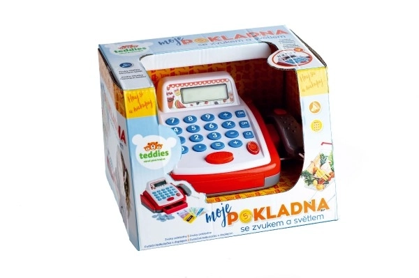 Pokladna malá digitální plast 18cm s doplňky na baterie se zvukem se světlem v krabici 22x15x18cm