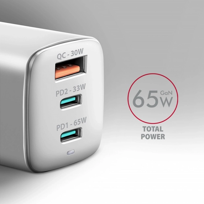 ACU-DPQ65W GaN 65W síťová nabíječka, 3x port (USB-A + duální USB-C) PD3.0/QC4+/PPS/Apple, bílá