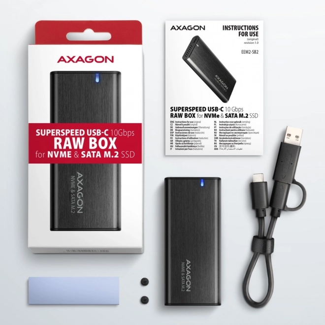 EEM2-SB2 Bezšroubový hliníkový externí kryt USB-C 3.2 Gen 2 - M.2 NVMe / SATA SSD 30-80mm ALU box černý + redukce USB-A - USB-C