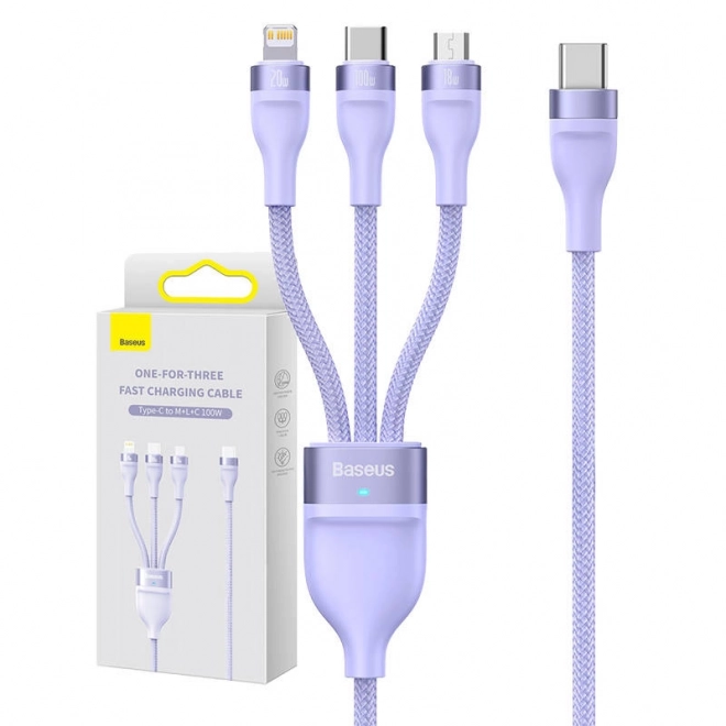 USB kabel 3v1 Baseus Flash Series 2, USB-C + micro USB + Lightning, 100 W, 1,5 m (fialový)