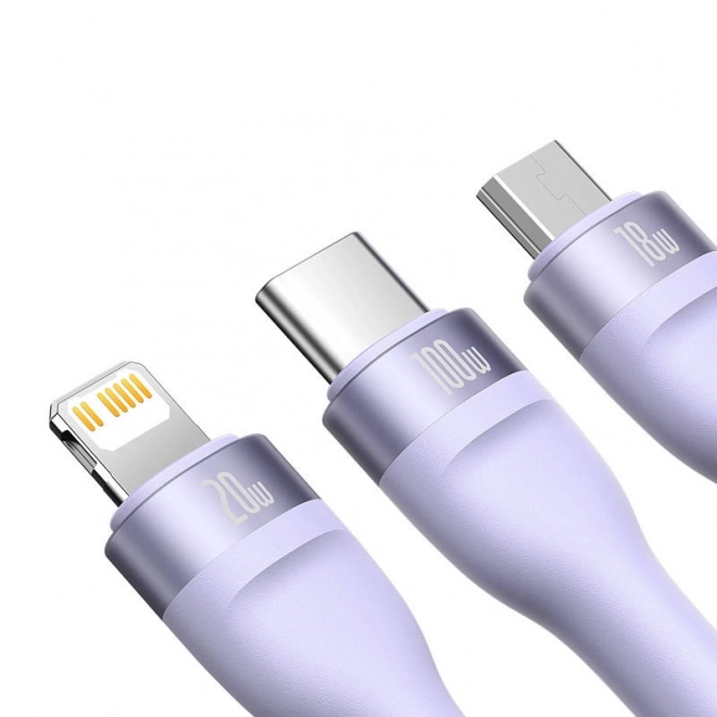 USB kabel 3v1 Baseus Flash Series 2, USB-C + micro USB + Lightning, 100 W, 1,5 m (fialový)