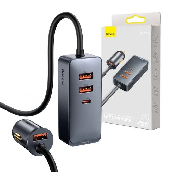 Nabíječka do auta Baseus Share Together s prodlužovacím kabelem, 3x USB, USB-C, 120W (šedá)