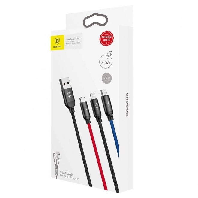 Kabel Baseus 3v1 USB-C / Lightning / Micro 3,5A 0,3m - černý