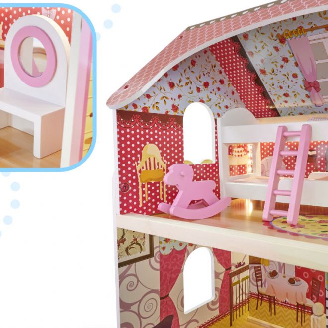 Dřevěný domeček pro panenky s růžovým nábytkem a LED osvětlením - 90 cm
