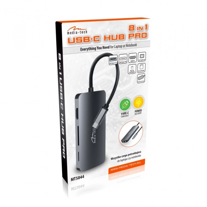 USB-C HUB 8 portů MT5044 3xUSB-A 3.0, 1xUSB-C PD, 1xRJ45, 1xHDMI 4K, 1xSD 1xMicro SD