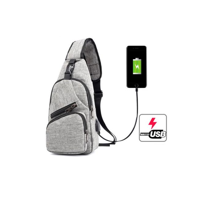 Sportovní batoh přes rameno, ledvinka s USB - šedý