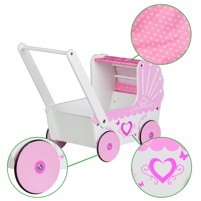 EcoToys Dřevěný kočárek pro panenky Pink Heart