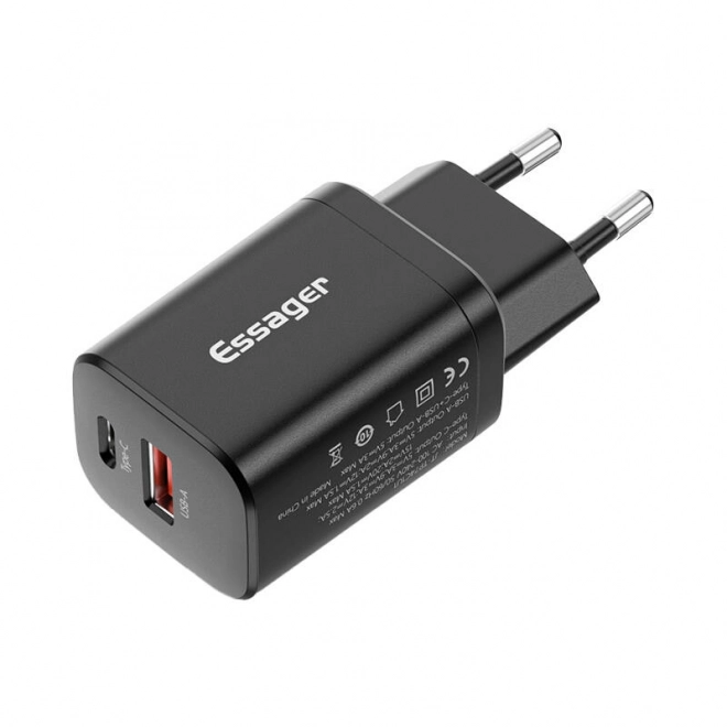 Nástěnná nabíječka USB-C+USB-A 30W Essager PD+QC (černá)