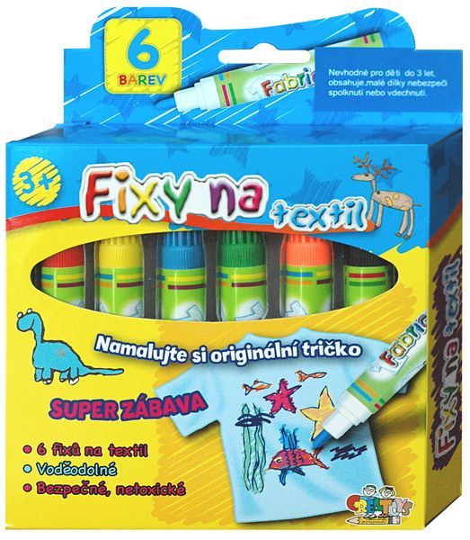 Fixy na textil vodě odolné 6ks v krabičce 13x13cm