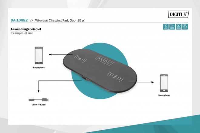 15W bezdrátová indukční nabíječka Qi Duo-Power 1m USB-C černá