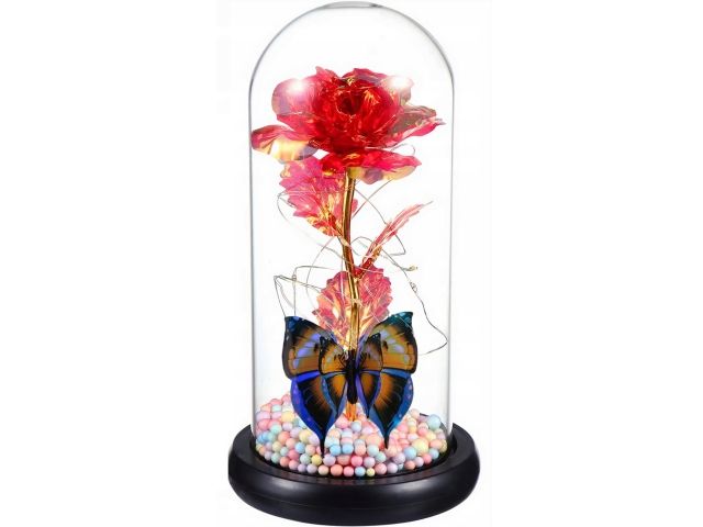 Valentýnská svítící růže s motýlkem ve skle