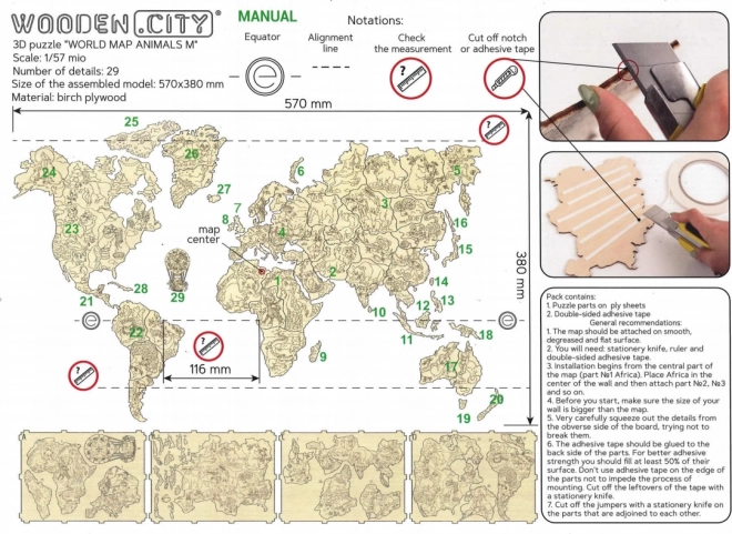 Wooden City Dřevěná mapa se zvířátky velikost M (57x38cm)