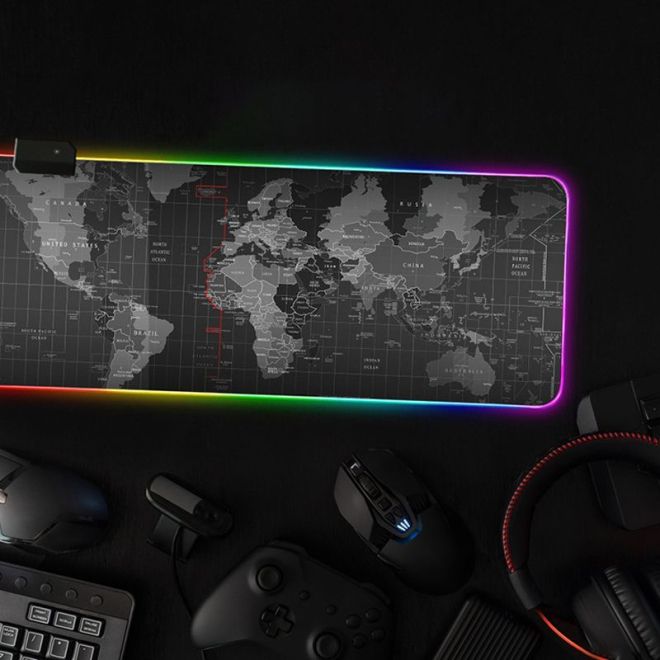 Herní podložka pod myš a klávesnici pro hráče RGB LED 30x80cm - Mapa světa