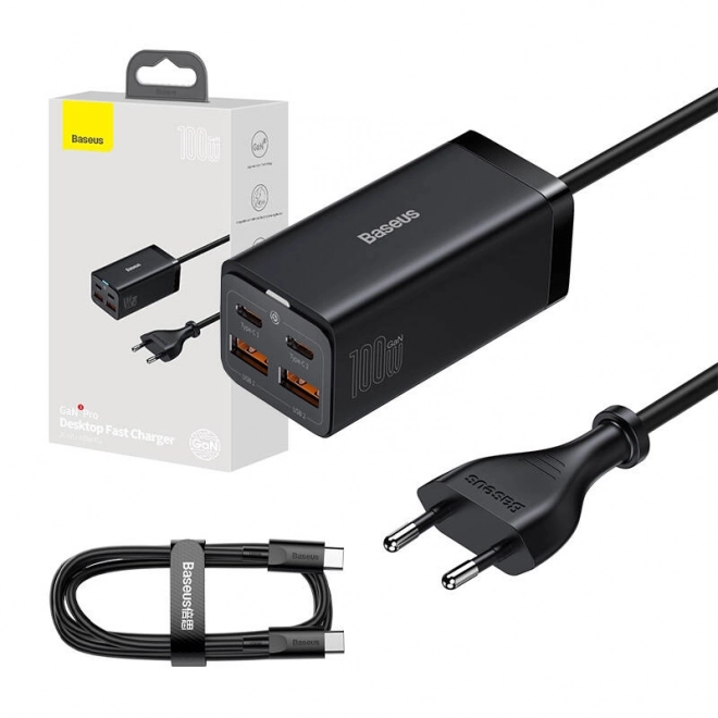 Baseus GaN3 Pro nástěnná nabíječka 2xUSB-C + 2xUSB, 100W (černá)