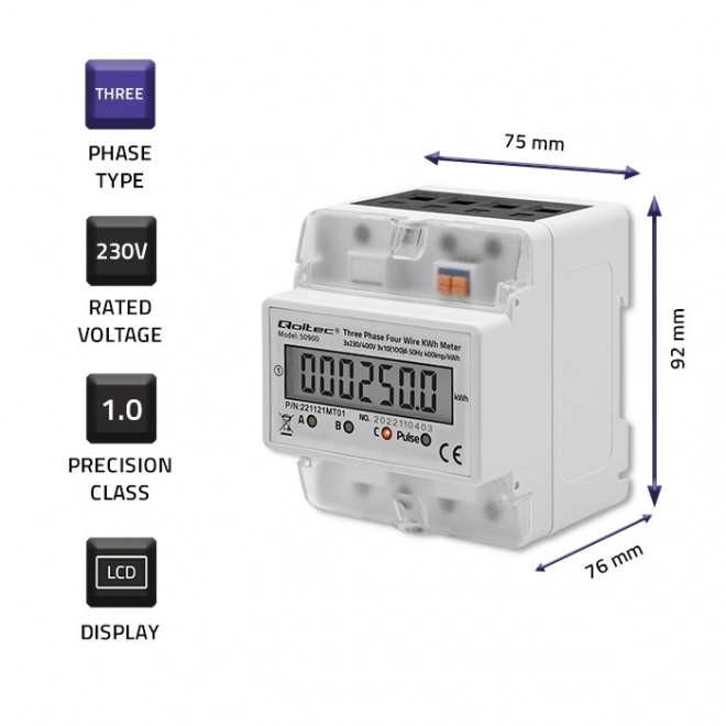 Třífázový elektronický elektroměr | DIN lišta | 400V | LCD | 4P