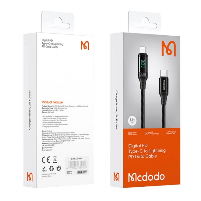 Kabel Mcdodo CA-1030 USB-C na Lightning, 36 W, 1,2 m (černý)