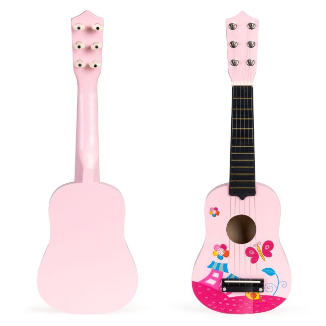 Dětská dřevěná kytara, kovové struny, růžová ECOTOYS