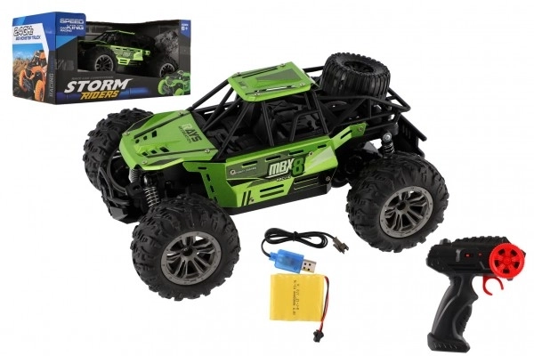 Auto RC buggy terénní zelené 22cm plast 2,4GHz na baterie + dobíjecí pack v krabici 32x16x18cm