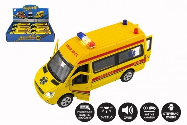 Auto ambulance kov/plast 15cm na baterie se světlem se zvukem na zpětné natažení 6ks v boxu