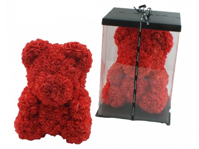 Valentýnský červený medvídek se srdcem z růží - 40 cm