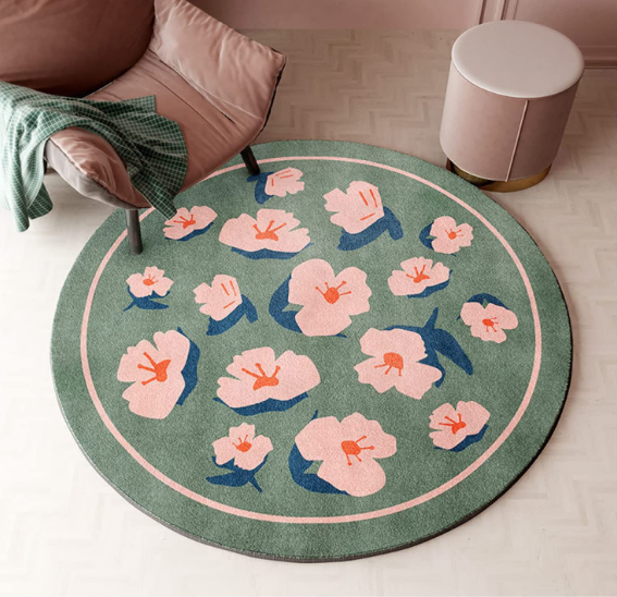 Kulatý protiskluzový koberec 80 x 80 cm - vzor Flowers, zelený