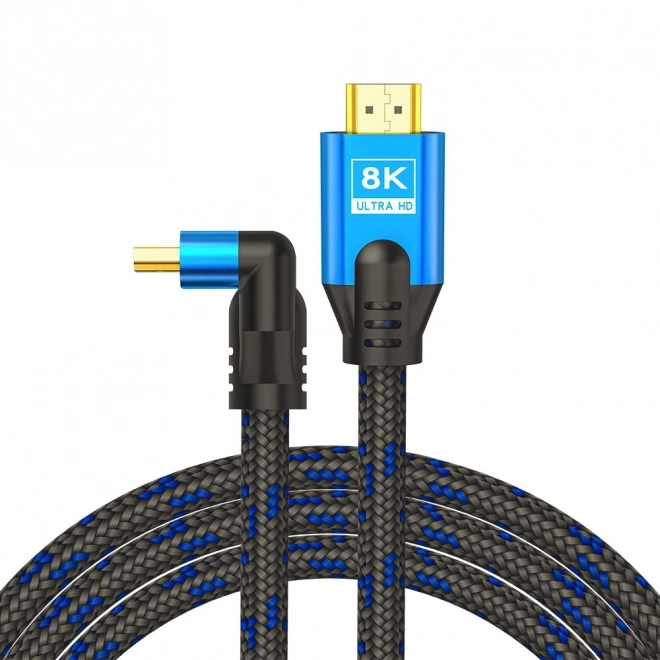 Kabel HDMI (M) v2.1, úhlový, 5 m, 8K, měděný, modrý/černý, zlaté koncovky, ethernet/3D, CL-175