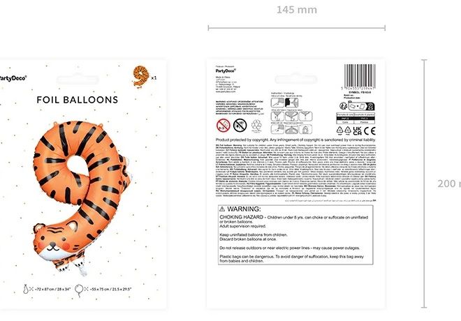 Fóliový narozeninový balónek číslo 9 - Tygr 64 x 87 cm