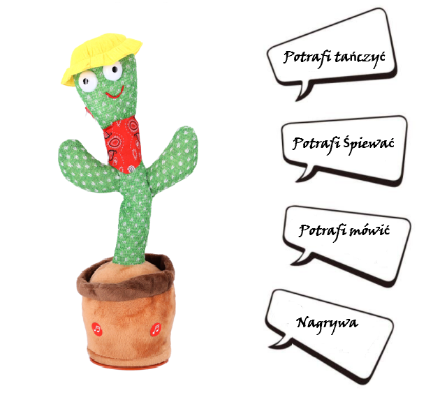 Dětská hračka - Tančící kaktus - s červeným šátkem a žlutým kloboukem