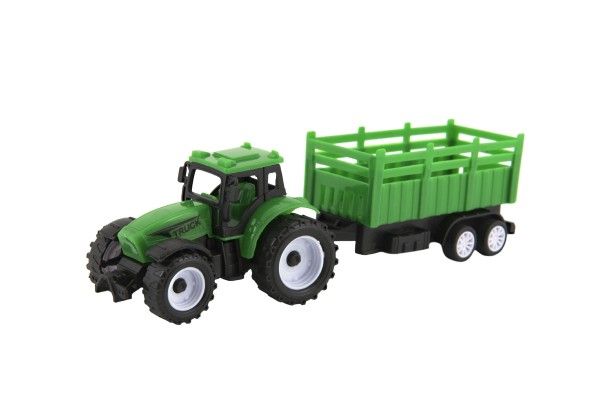 Traktor s vlekem plast 21cm na volný chod 2 barvy v krabičce 23x9x6cm