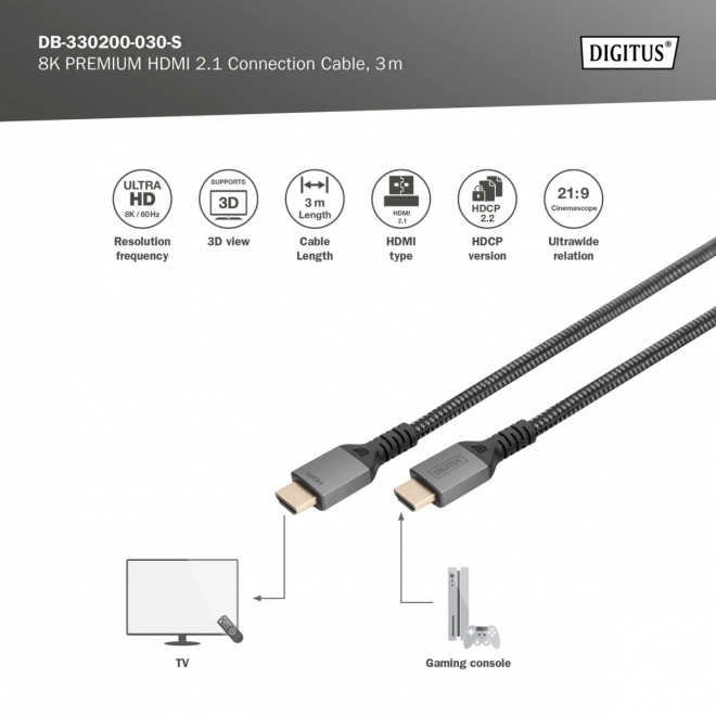 Prémiový kabel HDMI 2.1 Ultra HighSpeed 8K60Hz UHD Connection Type HDMI A/A M/M 3m černý