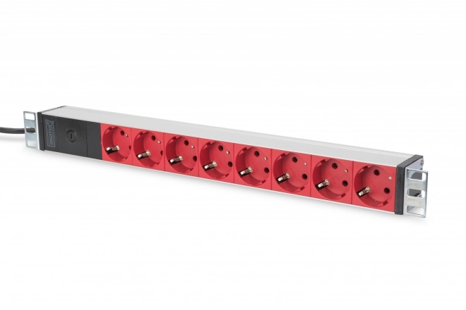 Napájecí lišta PDU 19" rack, 8x červená zásuvka schuko, 2,0 m, 1x zástrčka C14, 10A Hliníková konstrukce