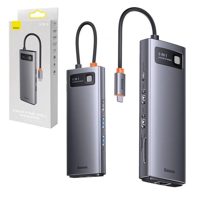 Rozbočovač 9v1 Baseus Metal Gleam Series, USB-C na 2x USB 3.0 + 2x HDMI + USB 2.0 + USB-C PD + Ethernet RJ45 + microSD/SD