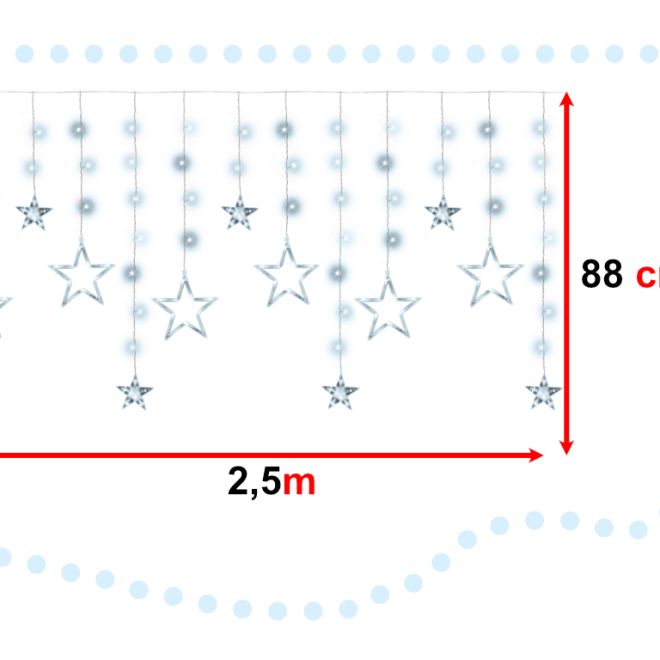 LED studený bílý závěs s malými a velkými hvězdičkami - 2,5 m, 138 LED