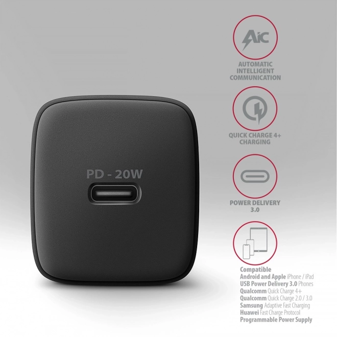 ACU-PD20 PD 20W síťová nabíječka, 1x port USB-C, PD3.0/QC3.0/AFC/FCP/Apple Black