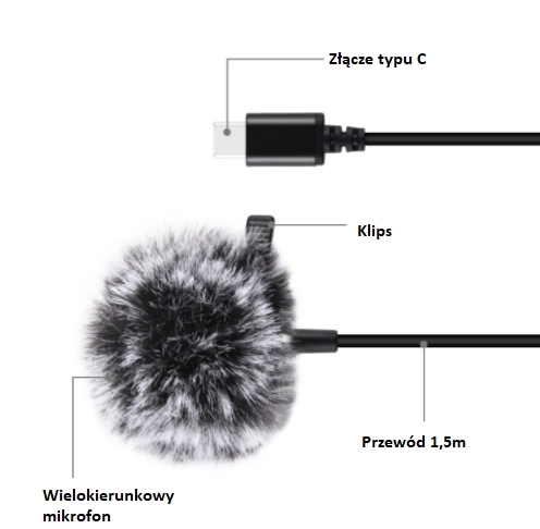 Klopový jack mikrofon s klipem 1,5m USB-C Puluz PU425