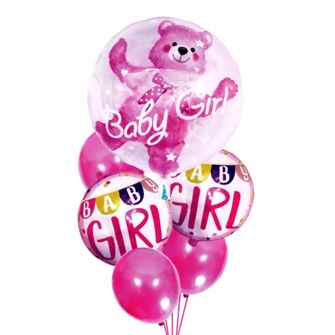 Růžové narozeninové balónky s medvídkem pro holčičku - 6 kusů