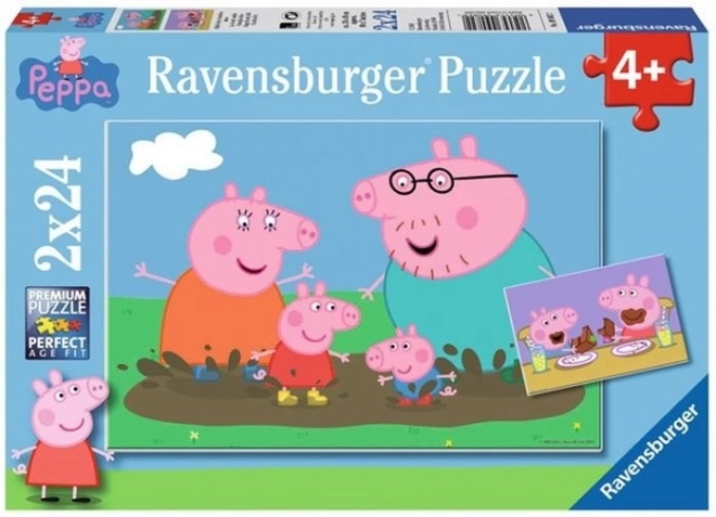 Puzzle 2x24 dílků Prasátko Peppa Zábava v blátě