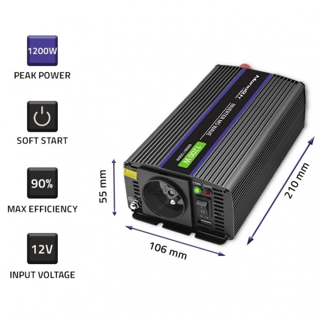 Měnič napětí Monolith 1200 MS Wave | 12V na 230V | 600/1200W | USB