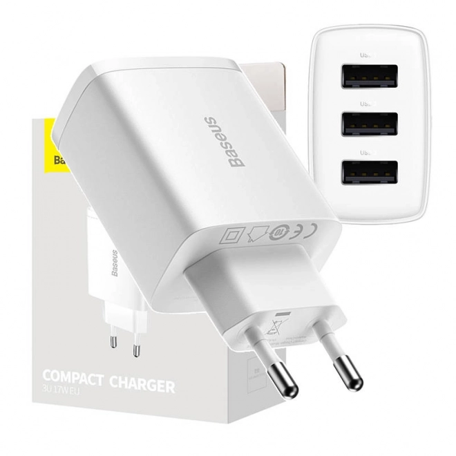 Kompaktní rychlonabíječka Baseus, 3x USB, 17 W (bílá)