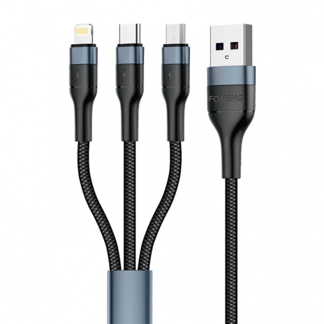 Foneng X51 3v1 USB na USB-C / Micro USB / Lightning kabel, 3A, 1,2m (černý)