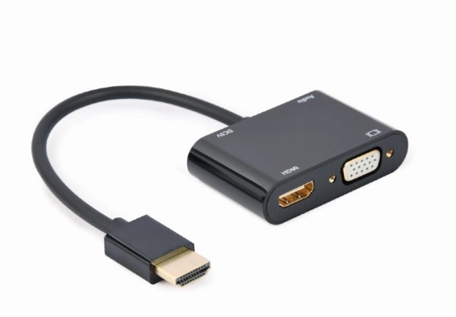 Adaptér HDMI samec na HDMI samice + VGA samice se zvukem a pomocným napájecím portem