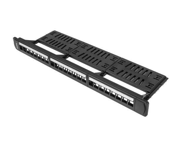 Patch panel prázdný 24 portů 1U 19" černý s organizérem pro keystone moduly