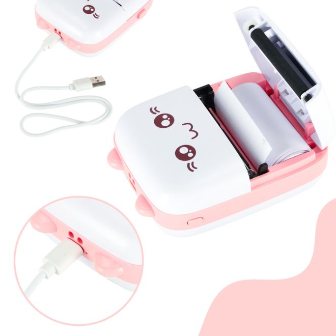Mini termotiskárna štítků + USB kabel růžová kočka